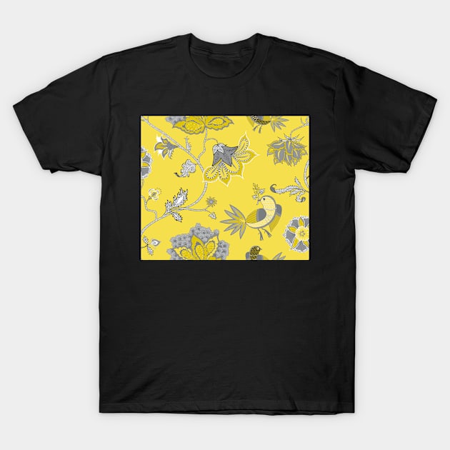 Exotic chintz with bird - ultimate gray & illuminating yellow. Pantone colors of the year 2021 T-Shirt by kobyakov